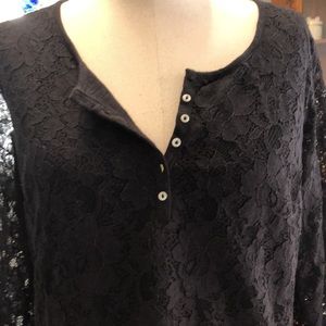 Black lace Henley 3/4 sleeve 100% cotton top from Dressbarn Size L